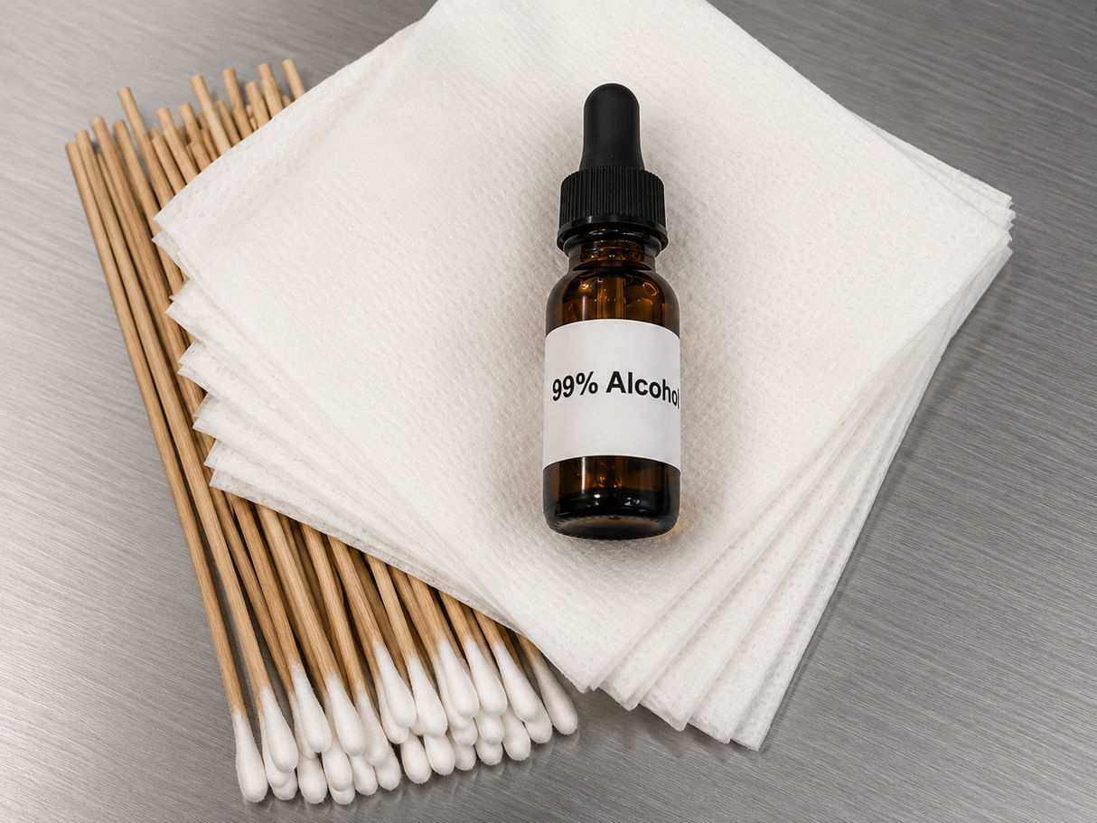 Lens & Mirror Cleaning Kit  1/2 oz 99% Pure IPA and 100 Cotton Q-tips 10 lint free cotton wipes